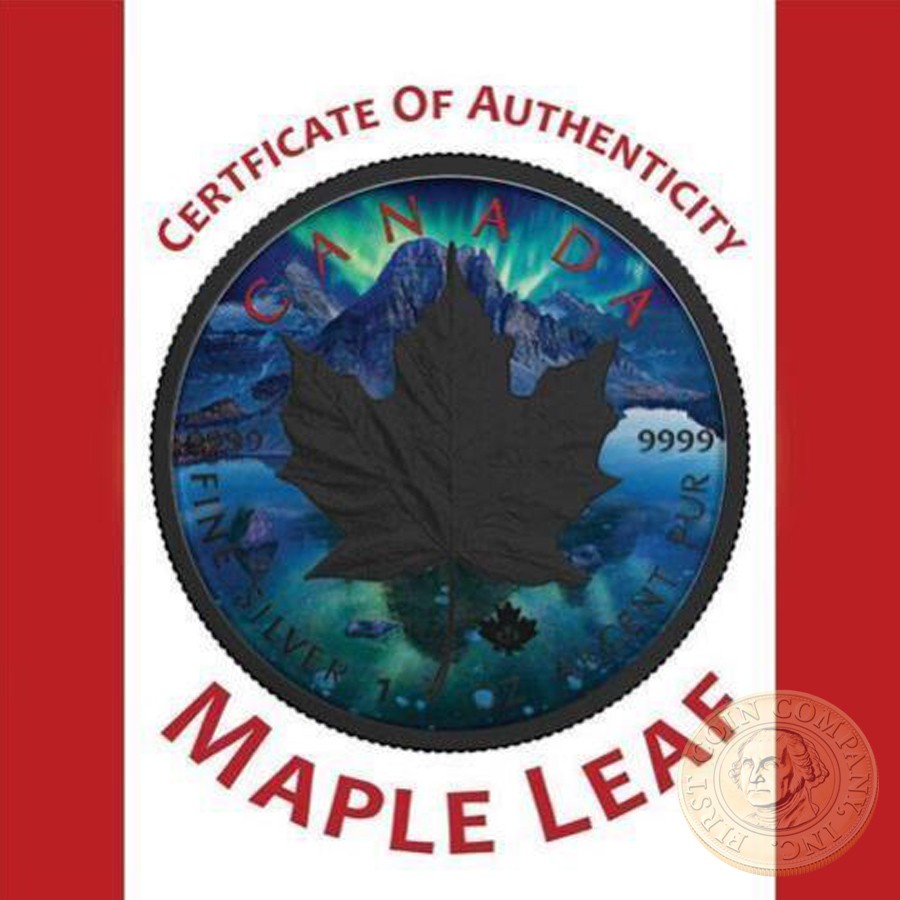 Canada CRACK OF DAWN AURORA Canadian Maple Leaf series THEMATIC DESIGN $5 Silver Coin 2017 Black Ruthenium plated 1 oz